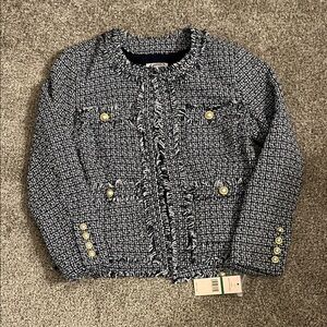 Nanette Lepore Blue and White Tweed Blazer with Gold Accents